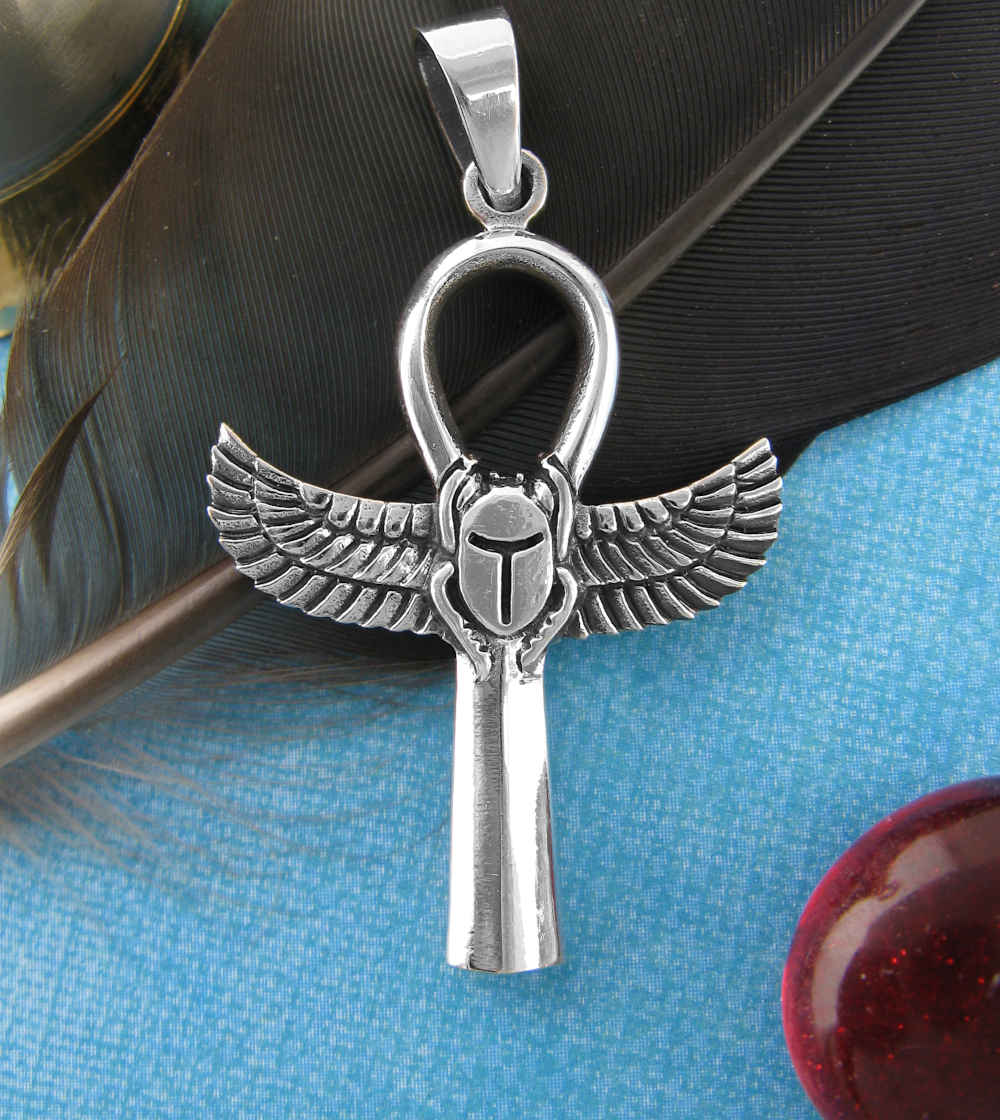 Pendant Silver Egyptian Ankh Hieroglyph Key of Life Scarab Beetle