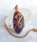Raw Amethyst Crystal Pendant Necklace w/ 2 Swirls, Dark Purple, Copper Wire-Wrapped, w/ 20