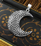 Wide Crescent Moon Pendant with Vibrant Spiral Texture, Oxidized
