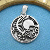 Sky with Radiant Sun Crescent Moon Stars Clouds Planets Small Oxidized Pendant Good Luck Cosmos | Woot & Hammy