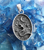 Oval Snake Pendant With Crescent Moon & Stars, Oxidized