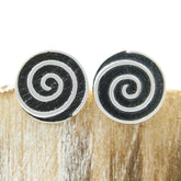 Pair of 925 sterling silver spiral stud earrings front black and silver