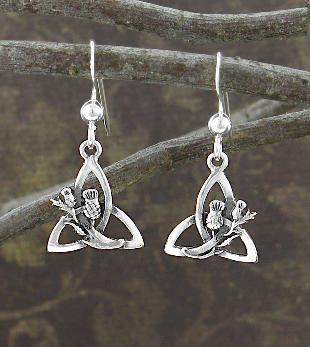 Celtic Triquetra Thistle Flower Drop Earrings Scottish National