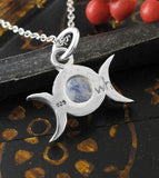Little Triple Moon Gemstone Charm Pendant Necklace Cabochon Crescent Wiccan Goddess Lunar Phases White Witch Wicca Pagan Woman Witchcraft backside with moonstone