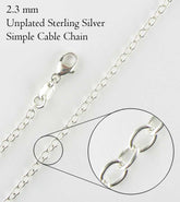 Medium Heavy Weight 2.3 mm Cable Chain Necklace Custom Length Lobster Claw Clasp, Unplated Sterling Silver
