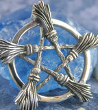 Brooms Besoms Pentacle Necklace Pendant Pentagram Wiccan Star White Witch Witchcraft Woman Pagan Wicca Witchy Unique Alchemy Gift Handle close up