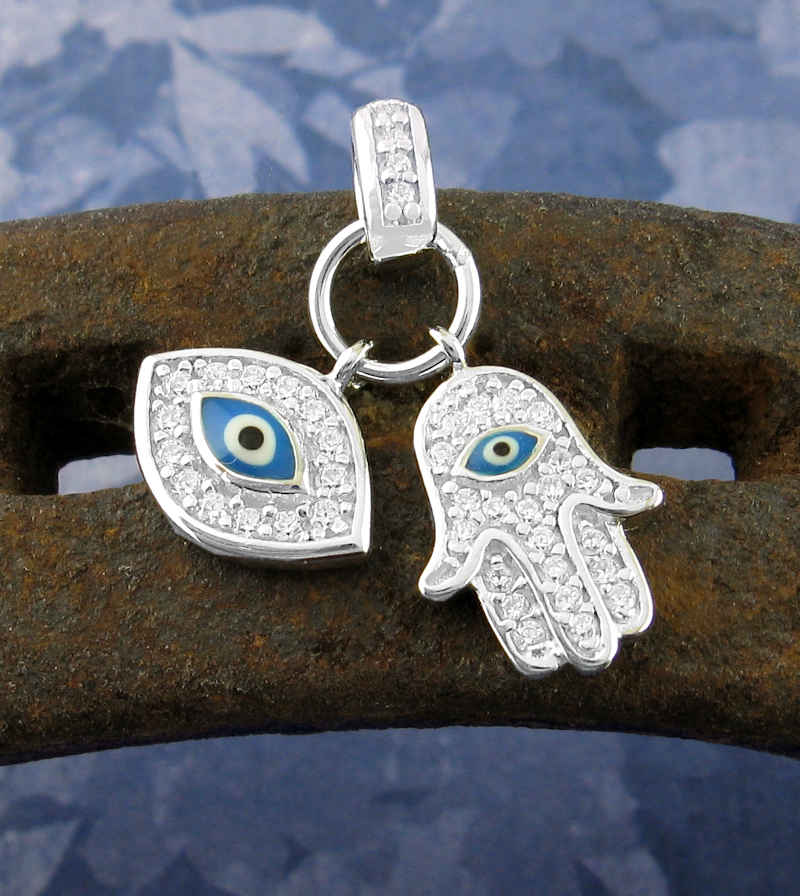 925 Sterling Silver Icy CZ Evil Eye Hamsa Hand Pendant - Unisex Bling Charm SP360