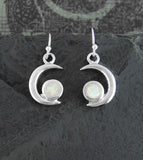 Crescent Moon With Lab Opal Cabochon Hook Earrings