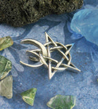 Horned God Pentacle Pentagram Necklace Pendant Cernunnos Pan Wiccan Wicca Pagan Neopagan Witchcraft Occult Crescent Moon laying flat side view