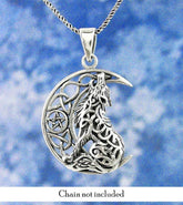 Celtic Wolf Howling at the Crescent Moon Necklace w/ Pentacle Sterling Silver
