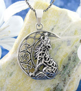 Celtic Wolf Howling at the Crescent Moon Necklace w/ Pentacle Sterling Silver