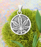 Cannabis Marijuana Pot Weed Leaf Round Pendant Sterling Silver
