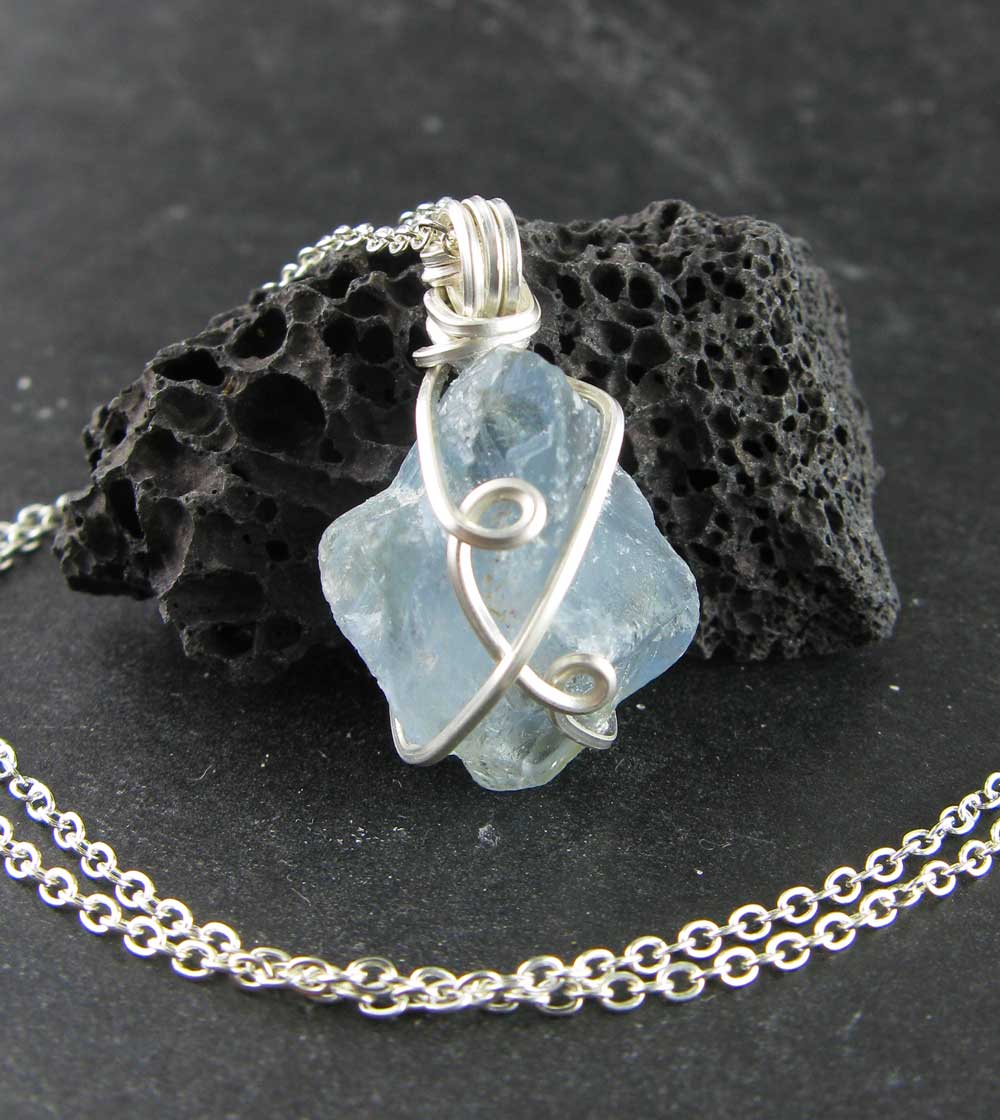Raw Blue Celestite Crystal Pendant Necklace Silver Plated Wire
