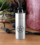 Cylindrical Pentacle Urn Vial Pendant, Stainless Steel