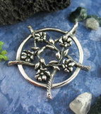 Five Flowers Hidden Pentacle Pentagram Pendant Necklace Antiqued Floral Vine Blossoms Blooms Branch Twig Wiccan Wicca Pagan Witchcraft  laying flat two