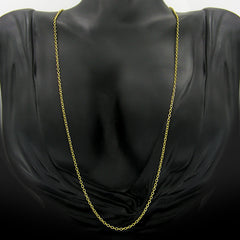 A delicate gold-plated chain necklace draped over a black mannequin torso against a light gray background.