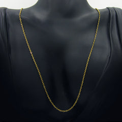 A delicate gold flat cable chain necklace displayed on a black mannequin bust against a light gray background.