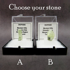 2 samples of Light green Diopside crystals in plastic cases labeled with dark background