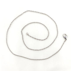 A stainless steel chain necklace with a lobster clasp, coiled on a plain white background.