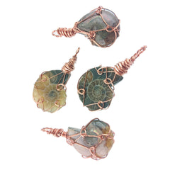 Ammonite Spiral Shell Fossil Pendant Necklace, Copper Wire-Wrapped, Handmade