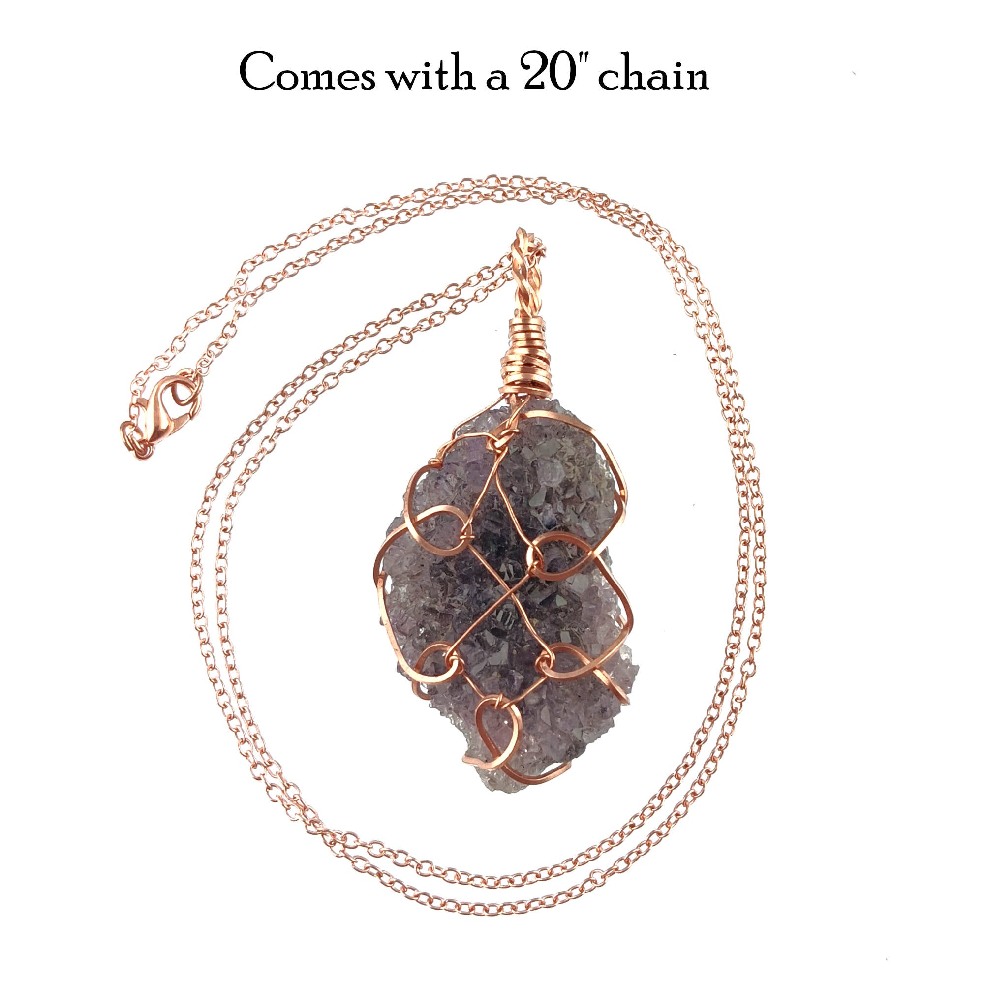 Raw Amethyst Crystal Cluster Geode Pendant Necklace, Copper Wire-Wrapped, Handmade