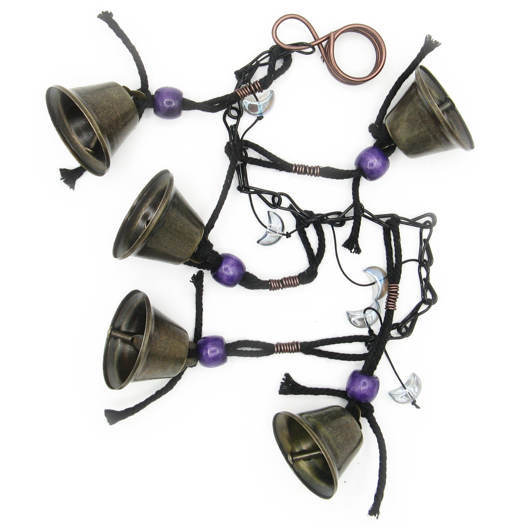 Hanging Witch's Bells on Long Black Chain Purple Wooden Beads Black Twine Handcrafted Iridescent Glass Crescent Moons | Woot & Hammy