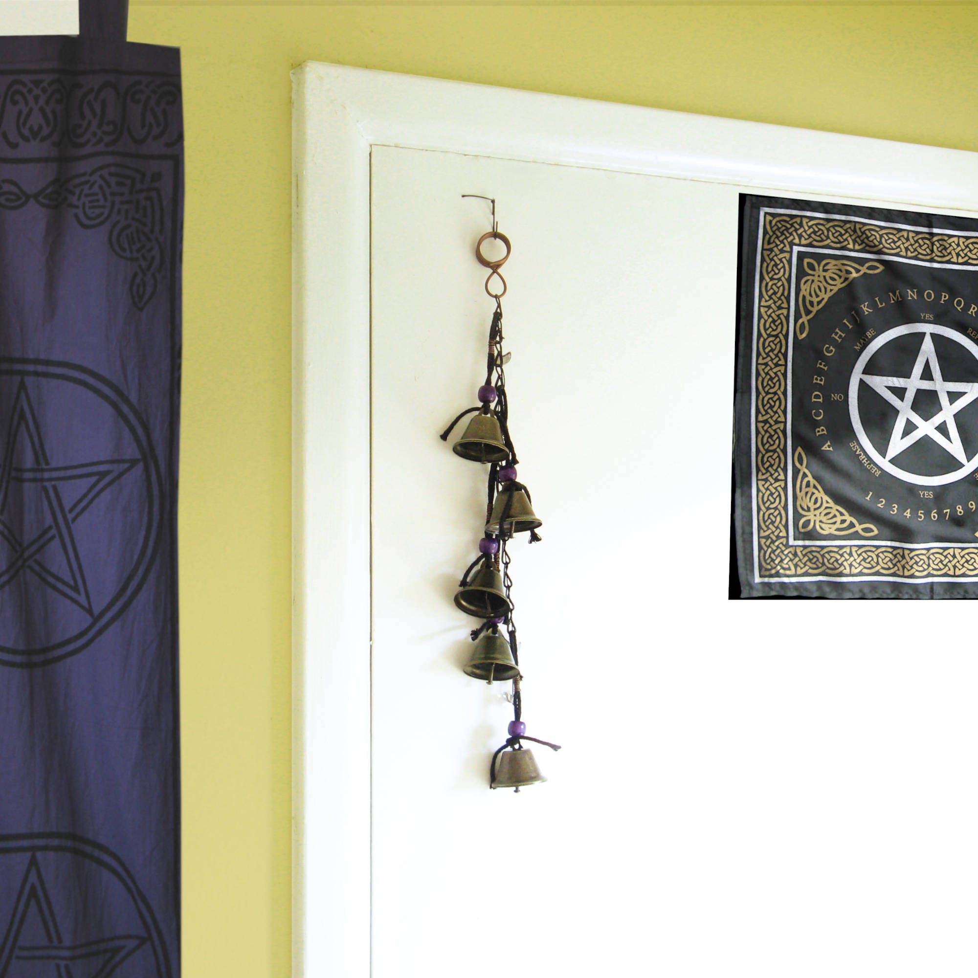 Hanging Witch's Bells on Long Black Chain Purple Wooden Beads Black Twine Handcrafted Iridescent Glass Crescent Moons | Woot & Hammy