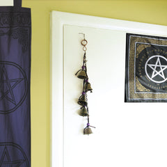 Hanging Witch's Bells on Long Black Chain Purple Wooden Beads Black Twine Handcrafted Iridescent Glass Crescent Moons | Woot & Hammy