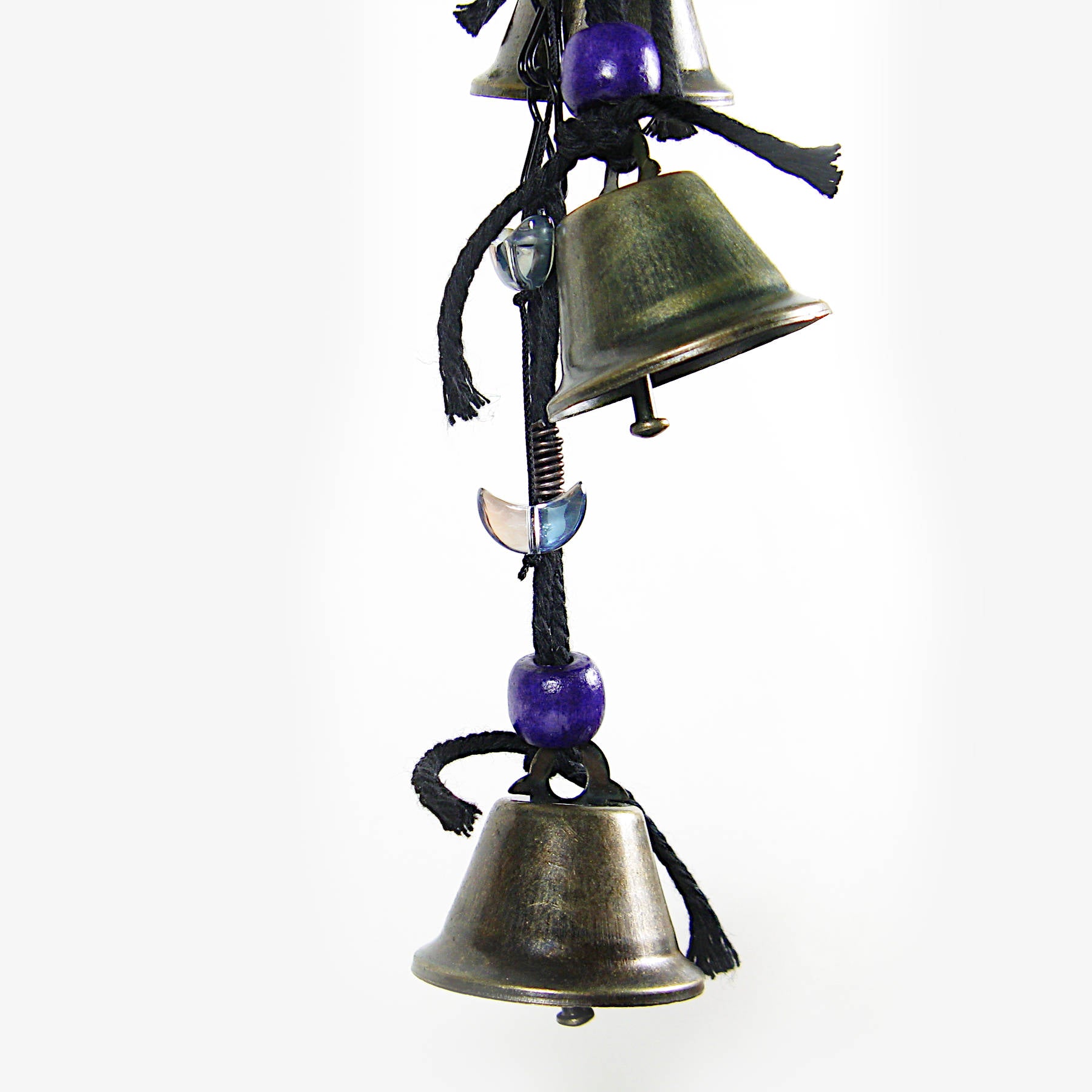 Hanging Witch's Bells on Long Black Chain Purple Wooden Beads Black Twine Handcrafted Iridescent Glass Crescent Moons | Woot & Hammy