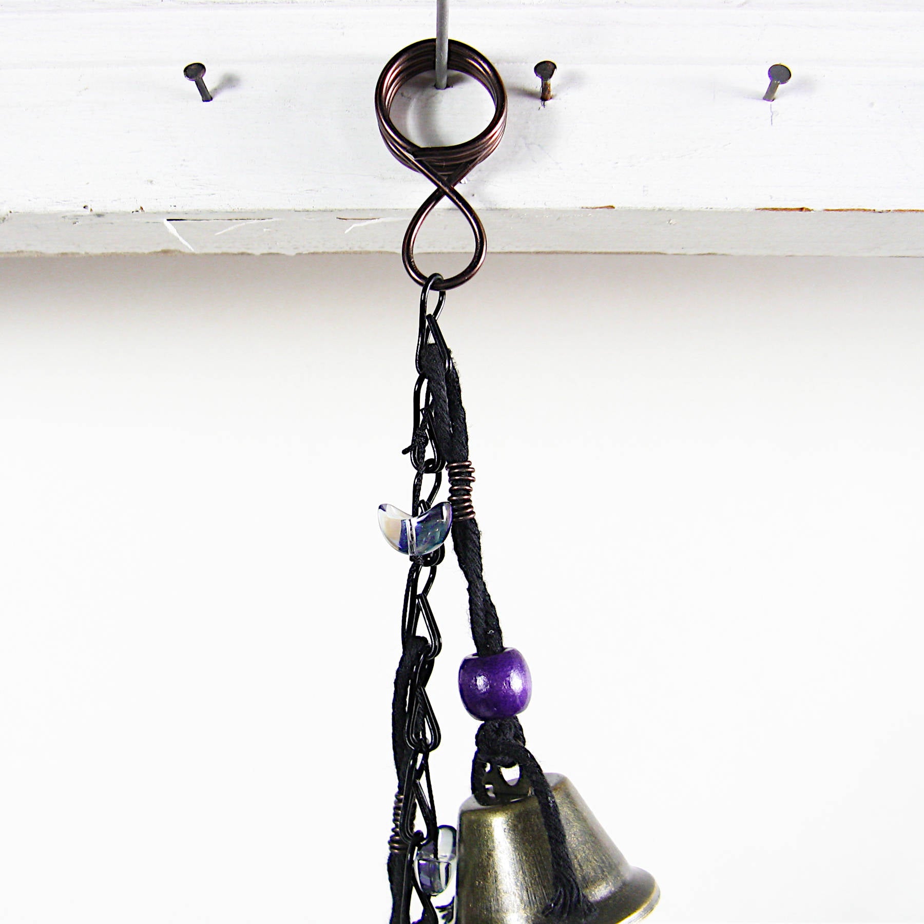 Hanging Witch's Bells on Long Black Chain Purple Wooden Beads Black Twine Handcrafted Iridescent Glass Crescent Moons | Woot & Hammy