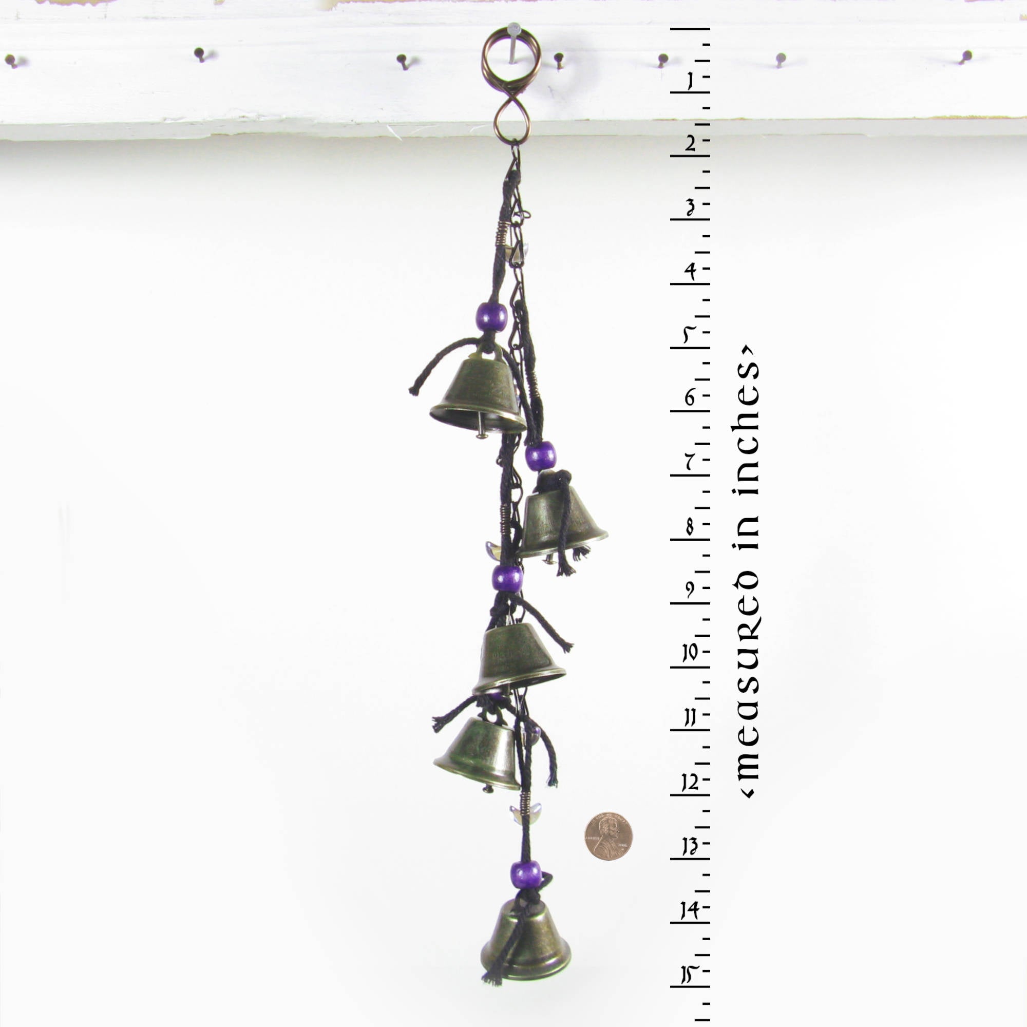 Hanging Witch's Bells on Long Black Chain Purple Wooden Beads Black Twine Handcrafted Iridescent Glass Crescent Moons | Woot & Hammy