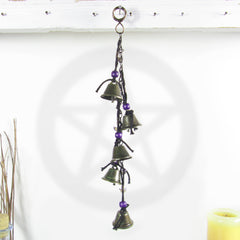 Hanging Witch's Bells on Long Black Chain Purple Wooden Beads Black Twine Handcrafted Iridescent Glass Crescent Moons | Woot & Hammy