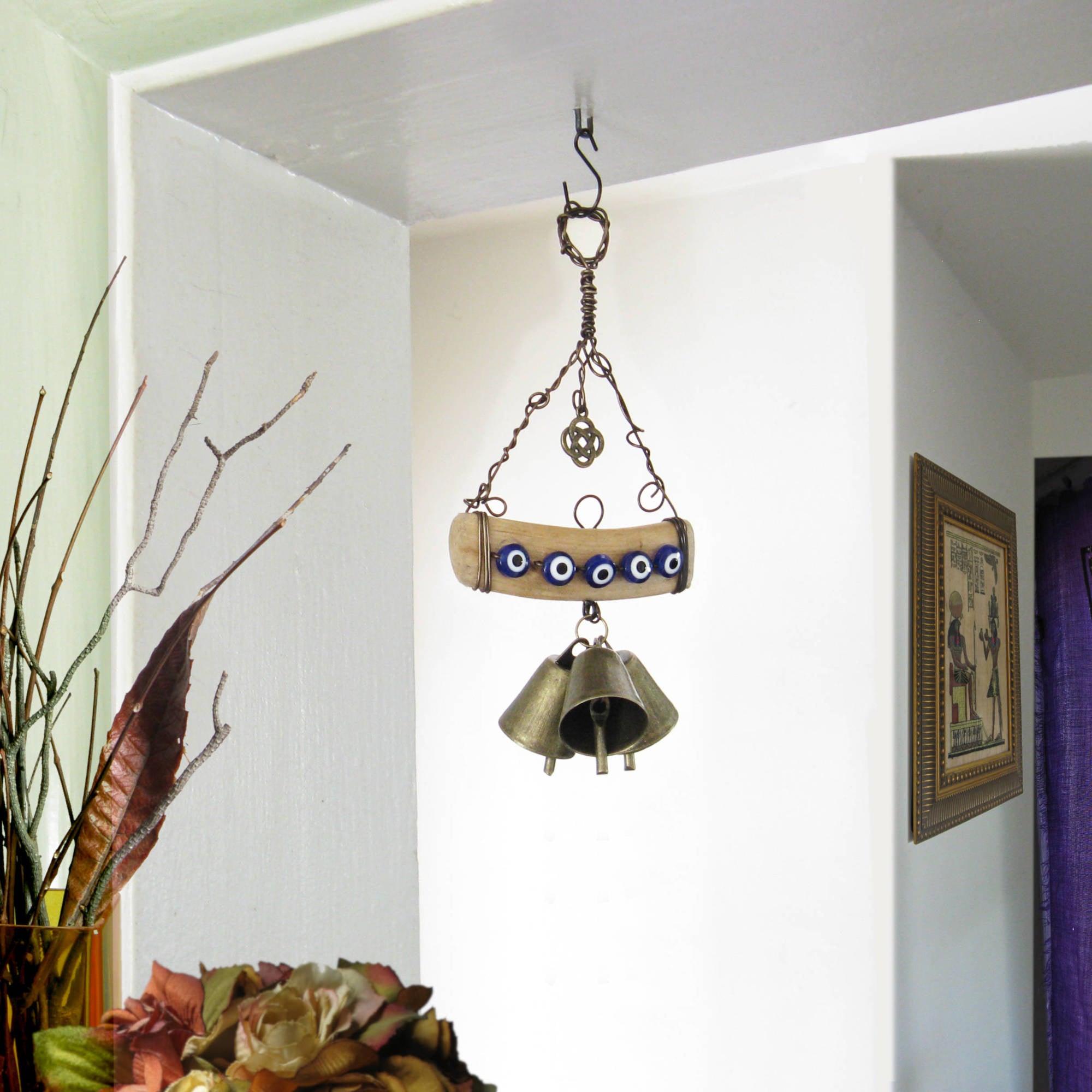 Hanging Witch's Bell with 5 Evil Eyes Driftwood 3 Bells Celtic Knot Charm Handmade For Protection Against Evil | Woot & Hammy