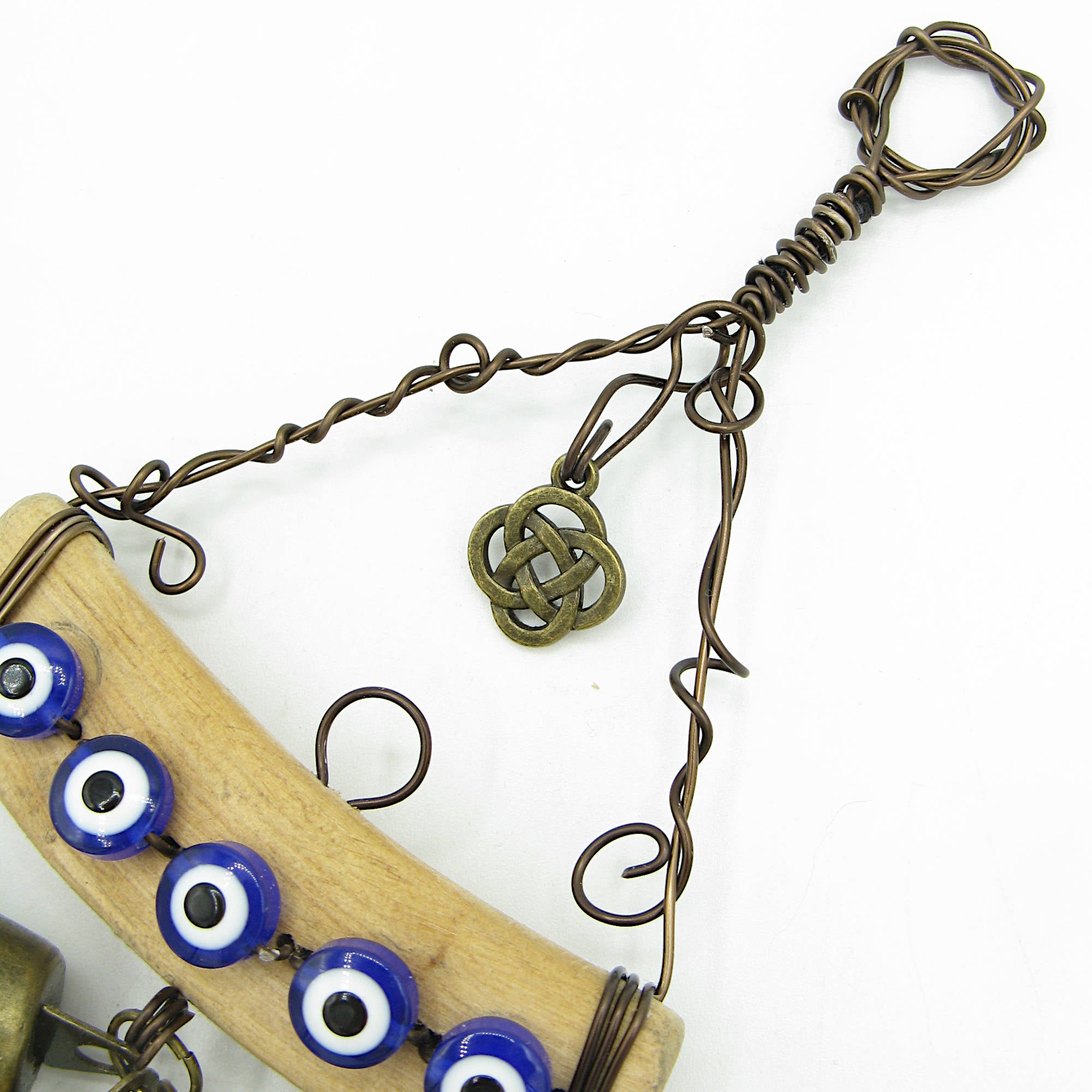 Hanging Witch's Bell with 5 Evil Eyes Driftwood 3 Bells Celtic Knot Charm Handmade For Protection Against Evil | Woot & Hammy