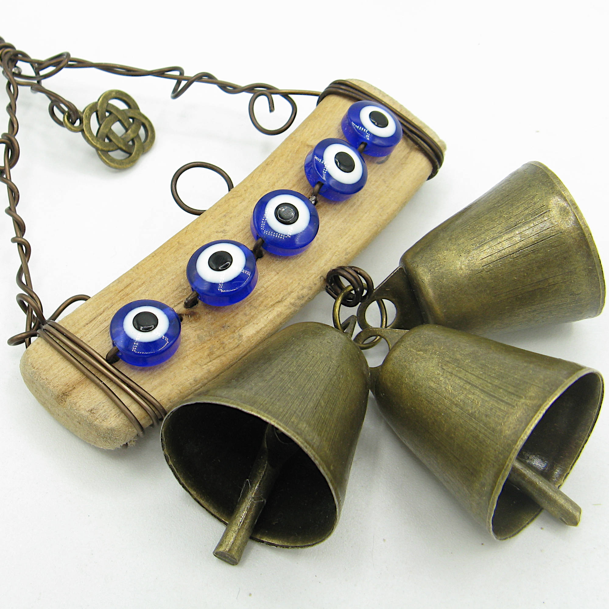 Hanging Witch's Bell with 5 Evil Eyes Driftwood 3 Bells Celtic Knot Charm Handmade For Protection Against Evil | Woot & Hammy