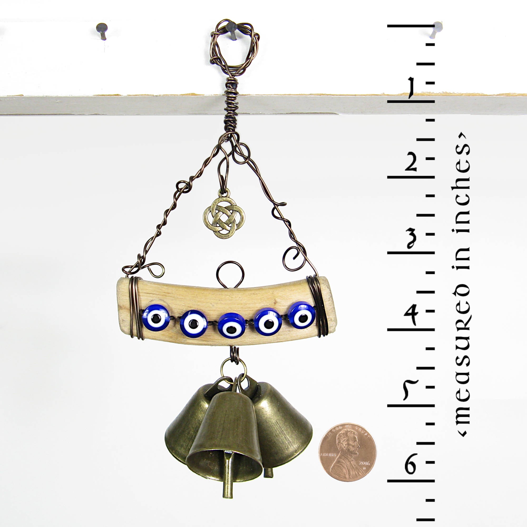 Hanging Witch's Bell with 5 Evil Eyes Driftwood 3 Bells Celtic Knot Charm Handmade For Protection Against Evil | Woot & Hammy