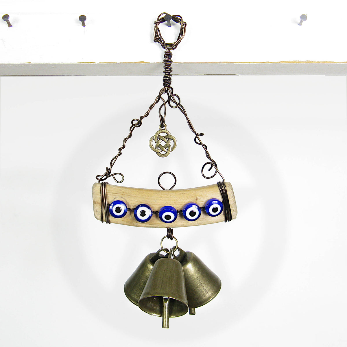 Hanging Witch's Bell with 5 Evil Eyes Driftwood 3 Bells Celtic Knot Charm Handmade For Protection Against Evil | Woot & Hammy