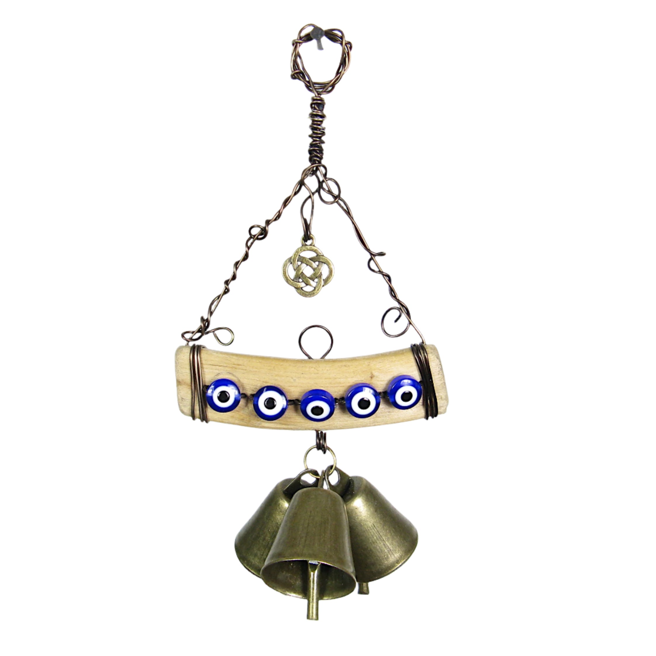 Hanging Witch's Bell with 5 Evil Eyes Driftwood 3 Bells Celtic Knot Charm Handmade For Protection Against Evil | Woot & Hammy
