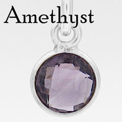 A sterling silver round bezel pendant featuring a faceted light purple amethyst gemstone, shown against a plain white background with a label.