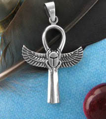 Pendant Silver Egyptian Ankh Hieroglyph Key of Life Scarab Beetle Isis Feathers | Woot & Hammy