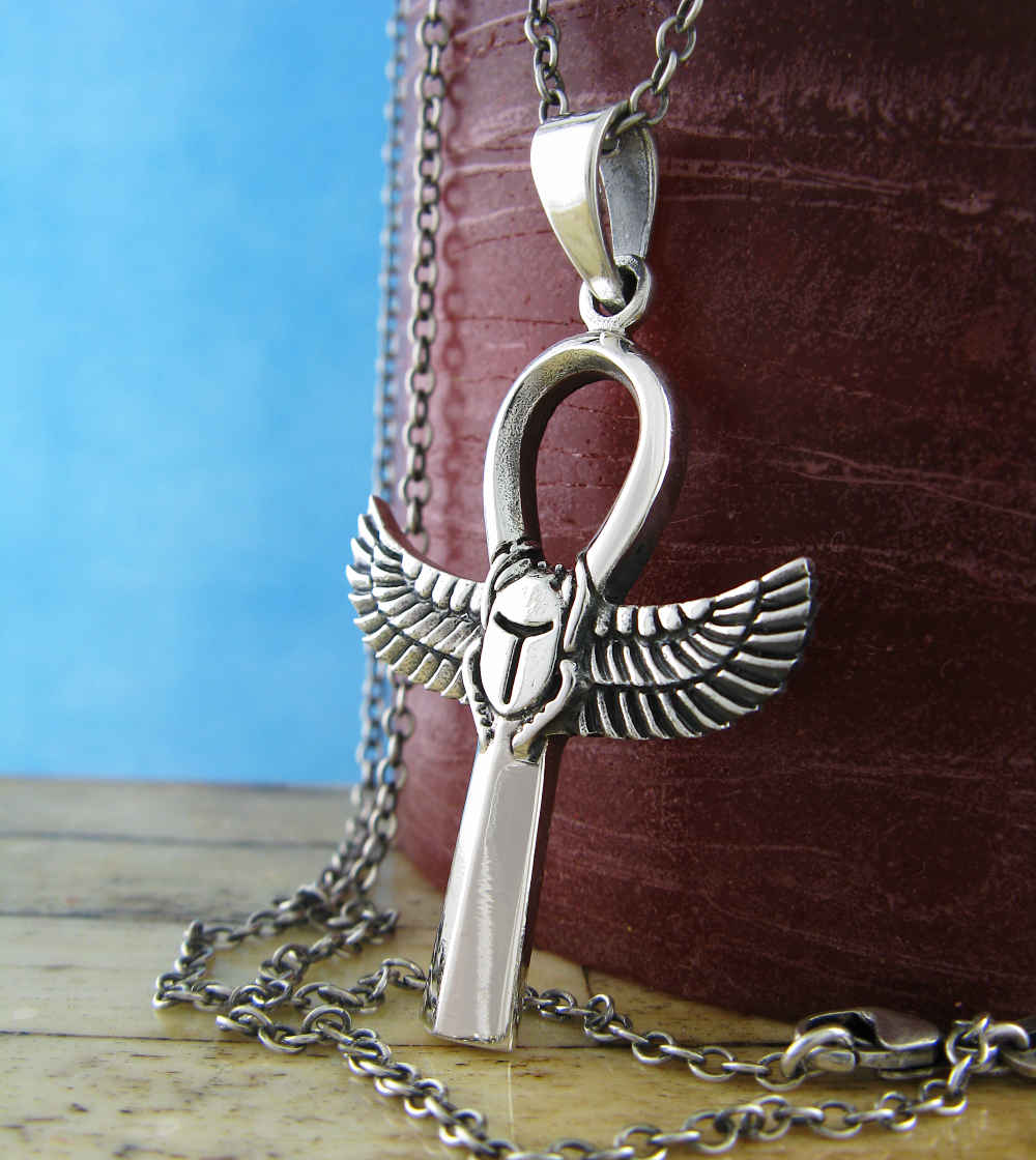 Pendant Silver Egyptian Ankh Hieroglyph Key of Life Scarab Beetle Isis Feathers | Woot & Hammy