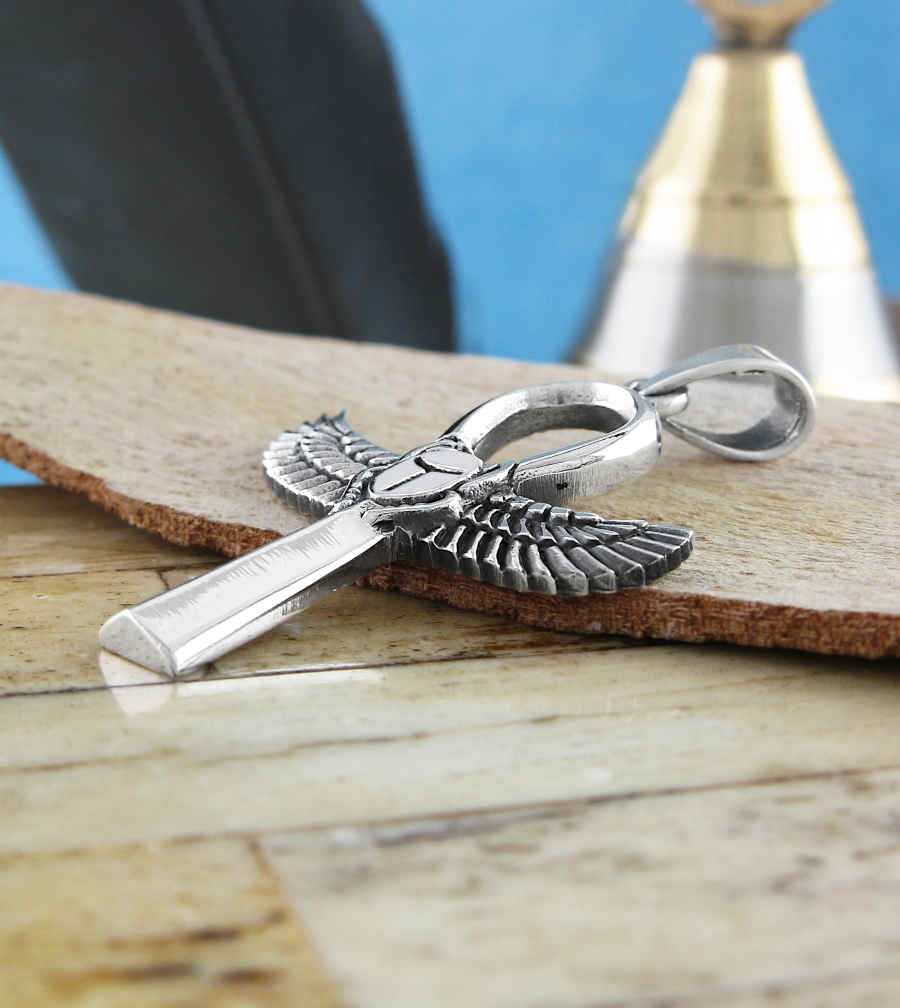 Pendant Silver Egyptian Ankh Hieroglyph Key of Life Scarab Beetle Isis Feathers | Woot & Hammy