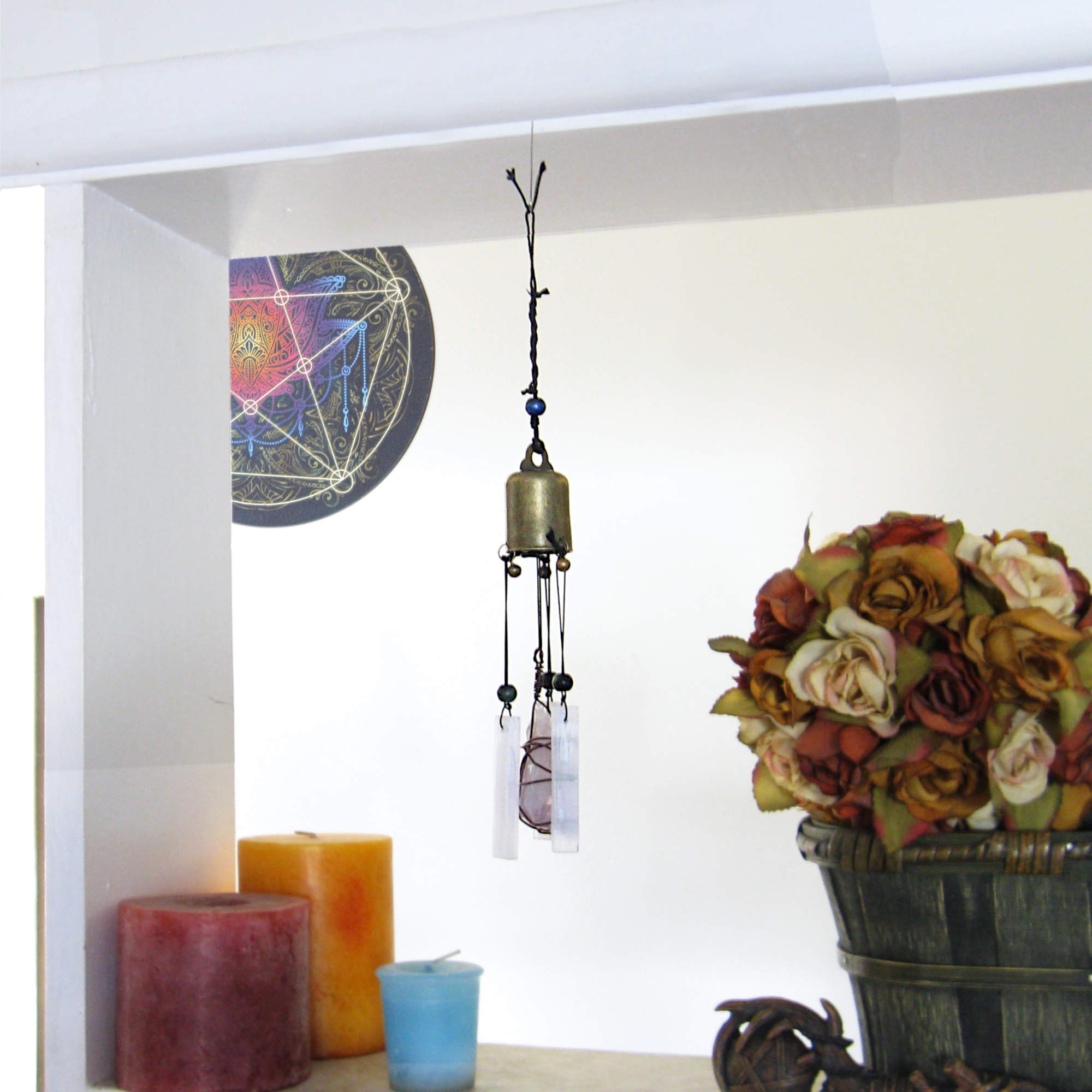Hanging Witch's Bell w/ Selenite Bars & Wire-Wrapped Raw Light Amethyst Crystal - Handmade