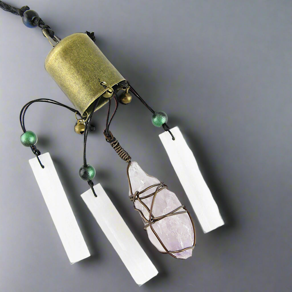 Hanging Witch's Bell w/ Selenite Bars & Wire-Wrapped Raw Light Amethyst Crystal - Handmade