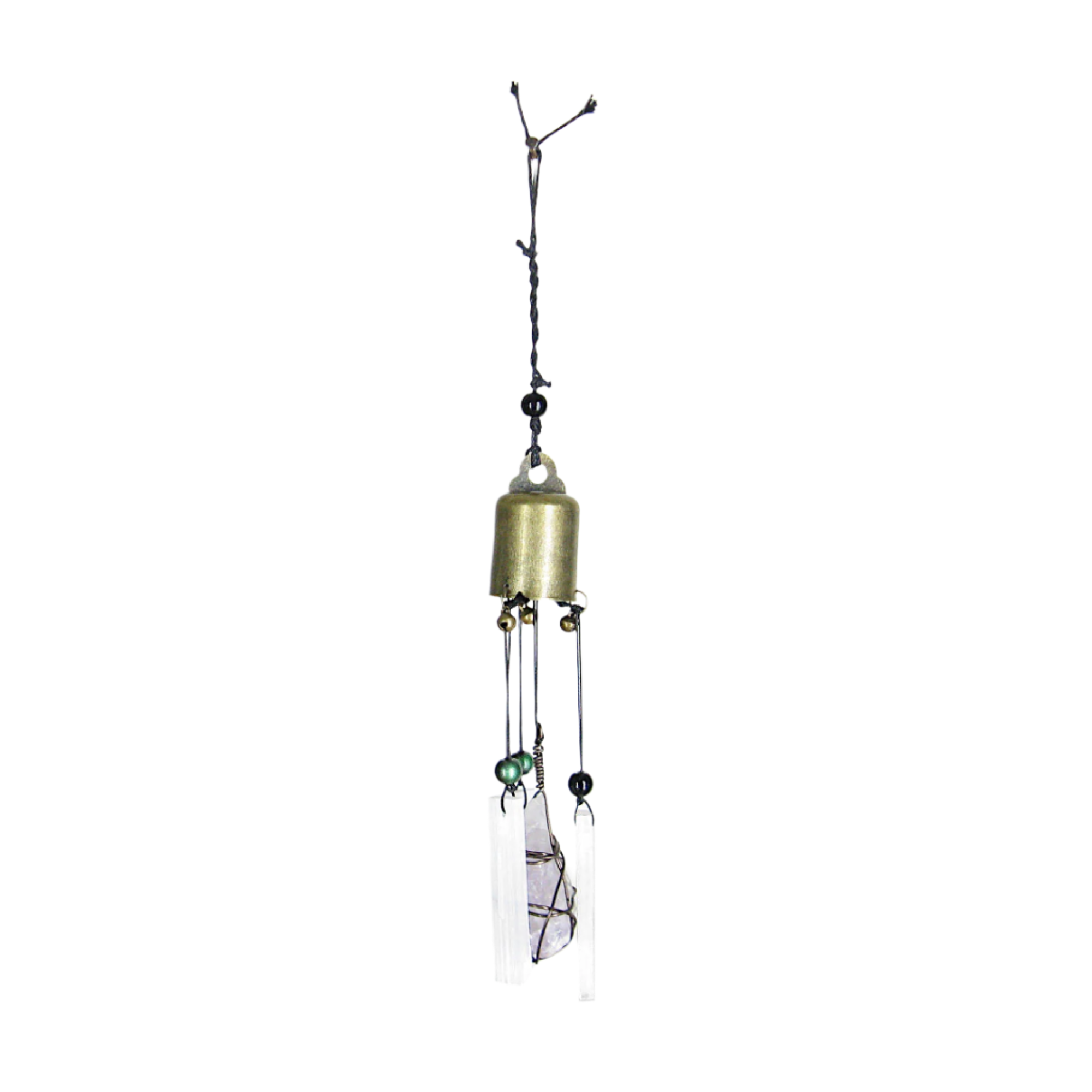 Hanging Witch's Bell w/ Selenite Bars & Wire-Wrapped Raw Light Amethyst Crystal - Handmade