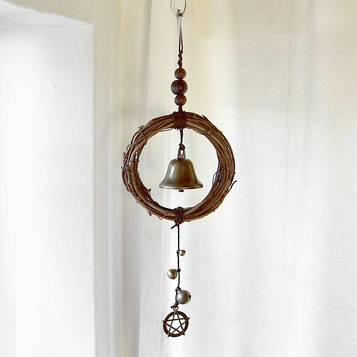 Hanging Witch's Bell w/ Small Wreath Bells Beads & Pentagram Handmade For Cleansing and Warding Off Negative Energy | Woot & Hammy