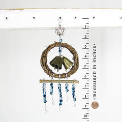 Hanging Witch's Bell with Small Wreath Bells Strands of Glass Beads Twig and Pentagram Handmade | Woot & Hammy