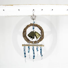 Hanging Witch's Bell with Small Wreath Bells Strands of Glass Beads Twig and Pentagram Handmade | Woot & Hammy