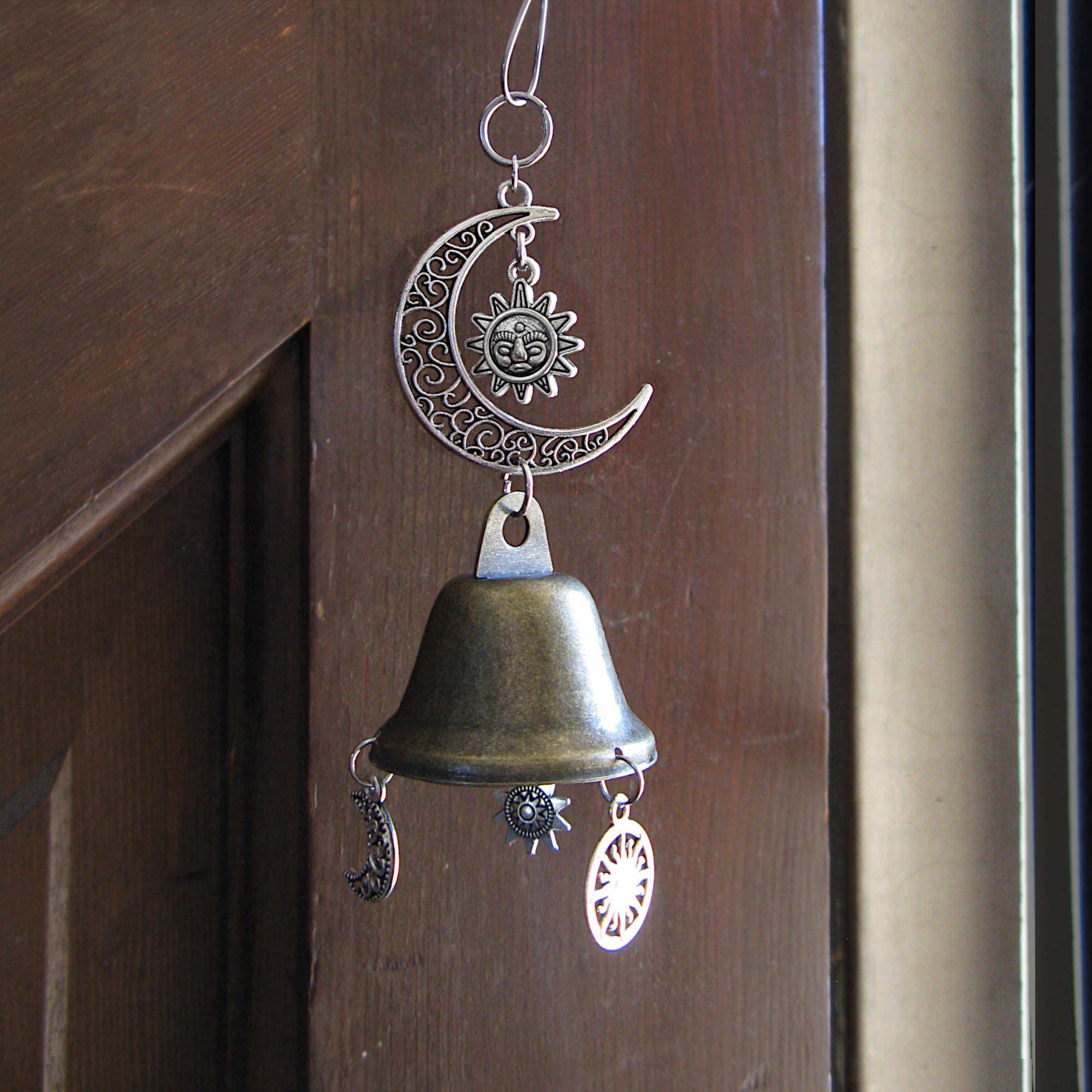 Hanging Witch's Bell with Silvery Crescent Moon and Celestial Charms Handmade For Cleansing and Protection Against Evil | Woot & Hammy