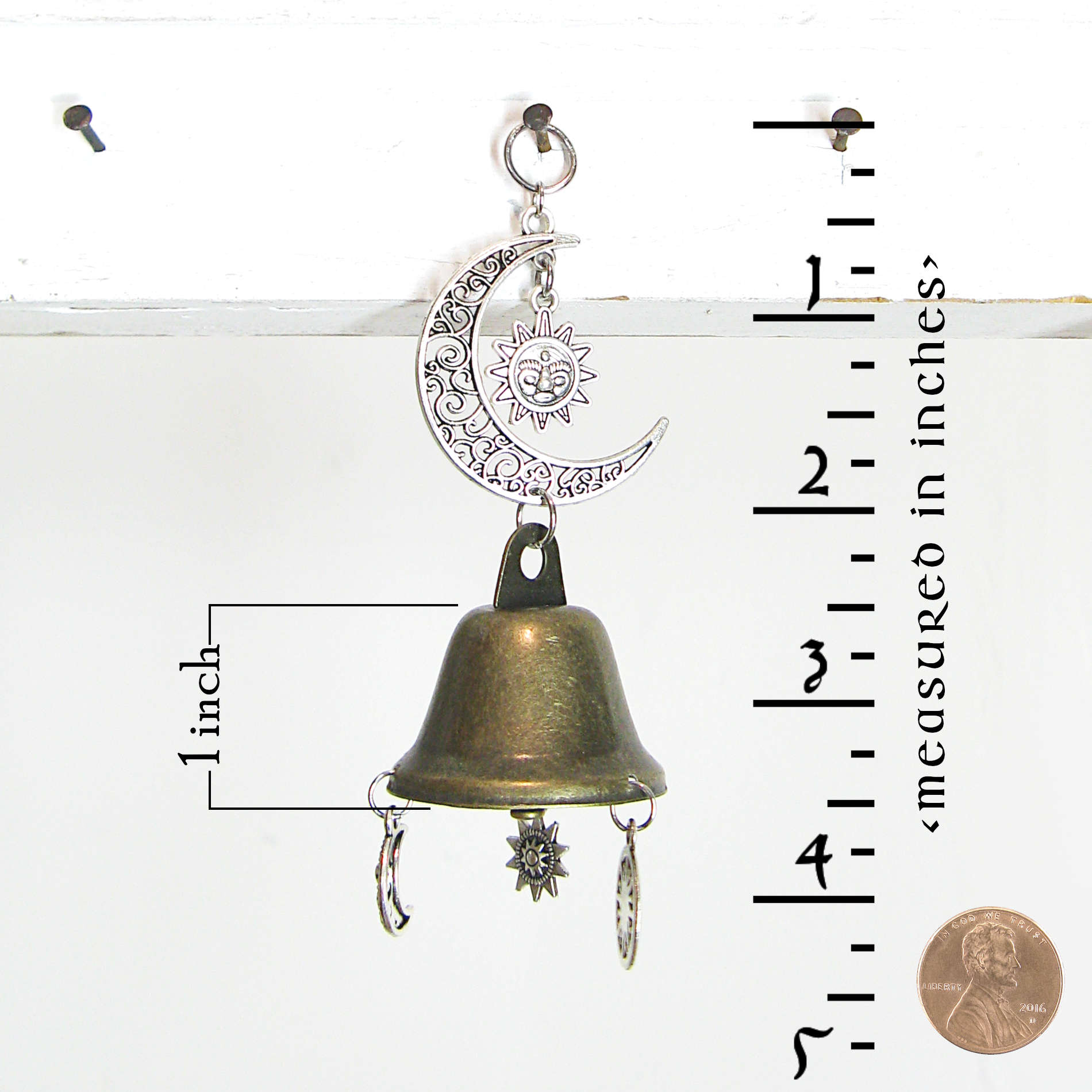 Hanging Witch's Bell with Silvery Crescent Moon and Celestial Charms Handmade For Cleansing and Protection Against Evil | Woot & Hammy